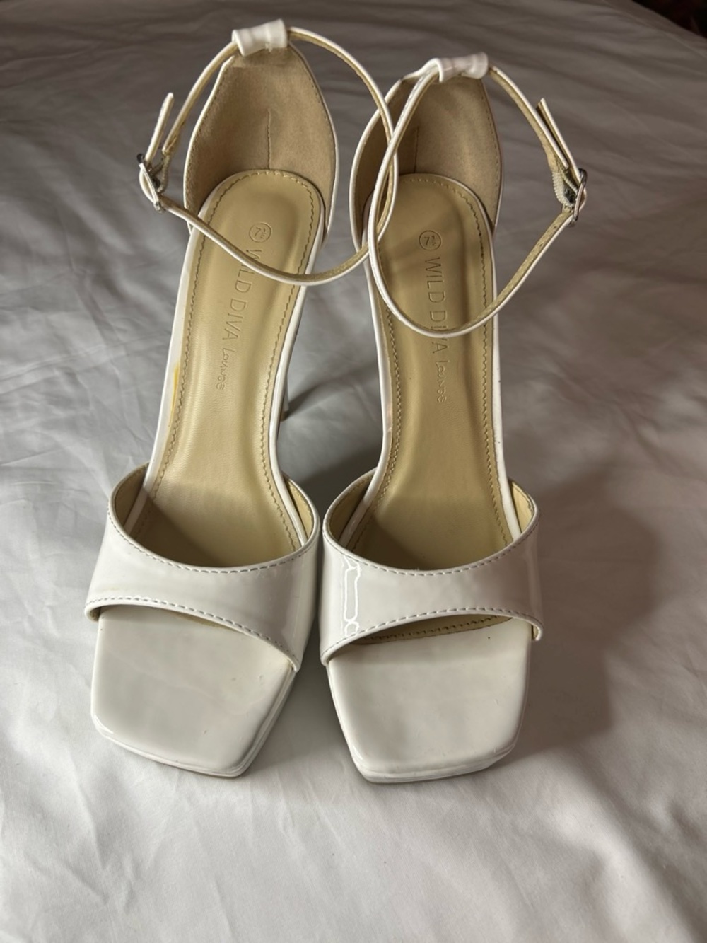Wild Diva White Patent Ankle-Strap Block Heels